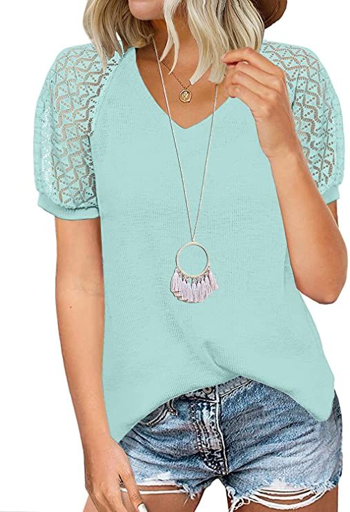 MIHOLL Women's Lace Short Sleeve V Neck Shirts Loose Casual Tops Tee ...