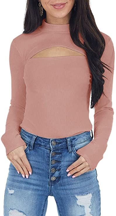 ReachMe Womens Sexy Cut Out Shirt Mock Neck Ribbed Knit Tops Slim Fit Long Sleeve Tee Shirt Casual Blouse