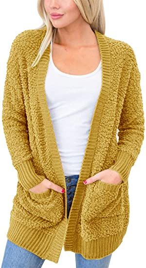 MEROKEETY Women's Long Sleeve Soft Chunky Knit Sweater Open Front Cardigan Outwear with Pockets