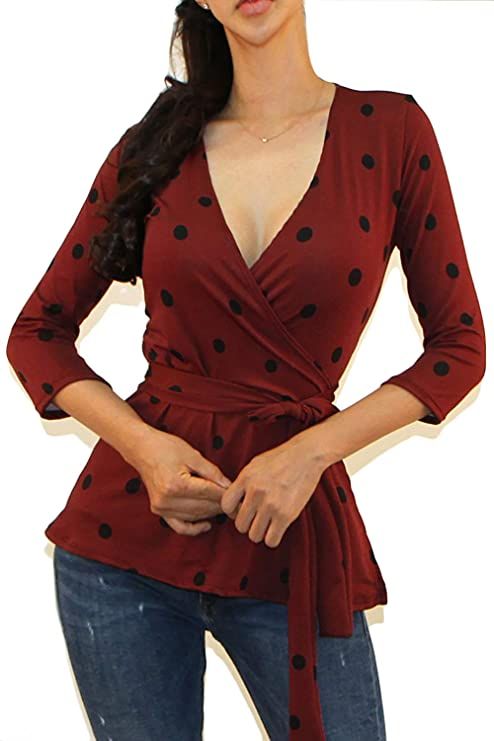 Vivicastle Women's USA 3/4 Sleeve V-Neck Waist Wrap Blouse Top