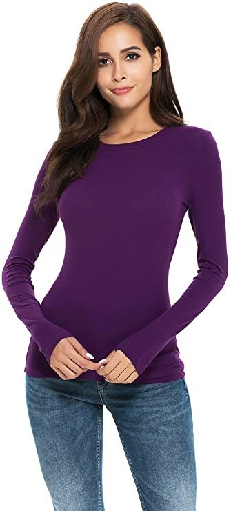 Womens Basic Long Sleeve Crew Neck Comfy Layering Slim Fit Stretch ...