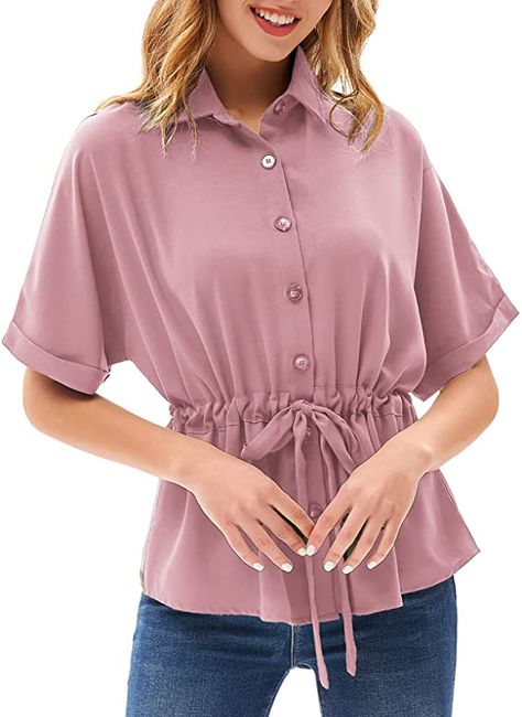 GRACE KARIN Women's V Neck Button Down Shirt Bat Roll-up Sleeve Drawstring Casual Work Blouses