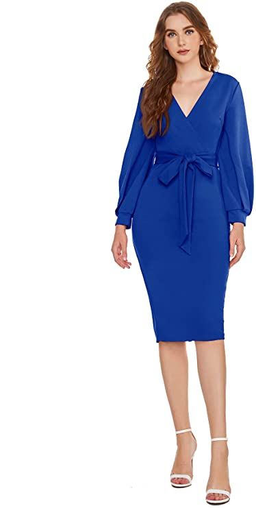 Verdusa Women's Plunging V Neck Bishop Sleeve Bodycon Belted Dress