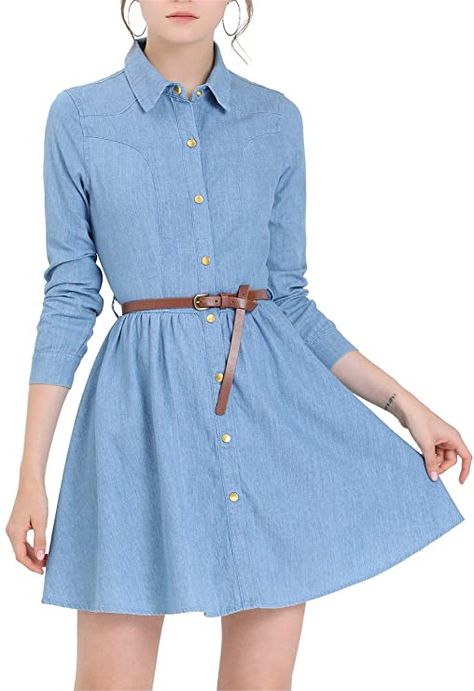 Allegra K Women's Denim Belted Flared Above Knee Shirt Dress