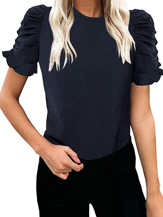 GAMISOTE Womens Leopard Short Puff Sleeve T Shirts Mock Neck Summer Slim Tee