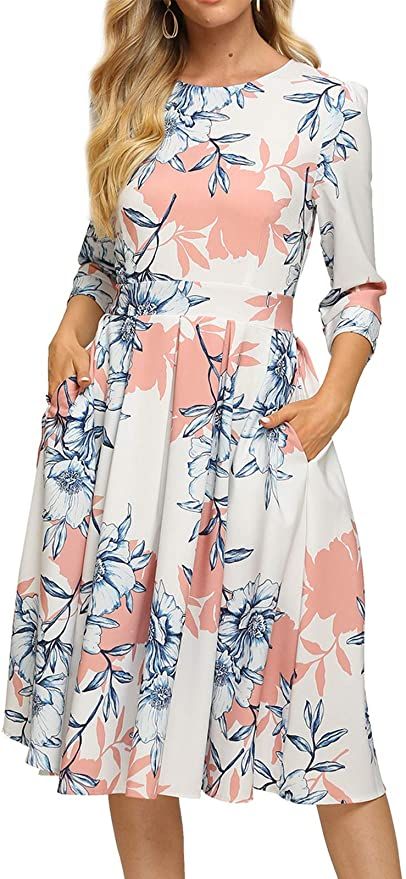 Simple Flavor Women's Floral Evening Flare Vintage Midi Dress 3/4 Sleeve