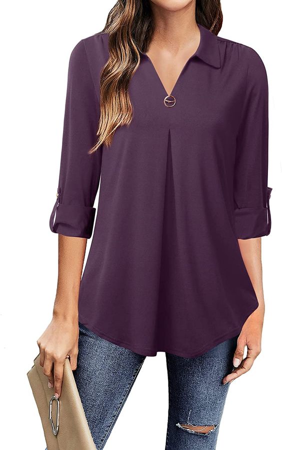 VALOLIA Women's 3/4 Roll Sleeve Lapel V Neck Tunic Work Blouse Office Shirts Business Casual Tops