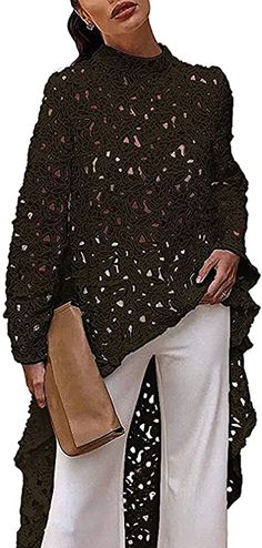 PRETTYGARDEN Women's Long Sleeve Round Neck High Low Asymmetrical Irregular Hem Casual Tops Blouse Shirt Dress