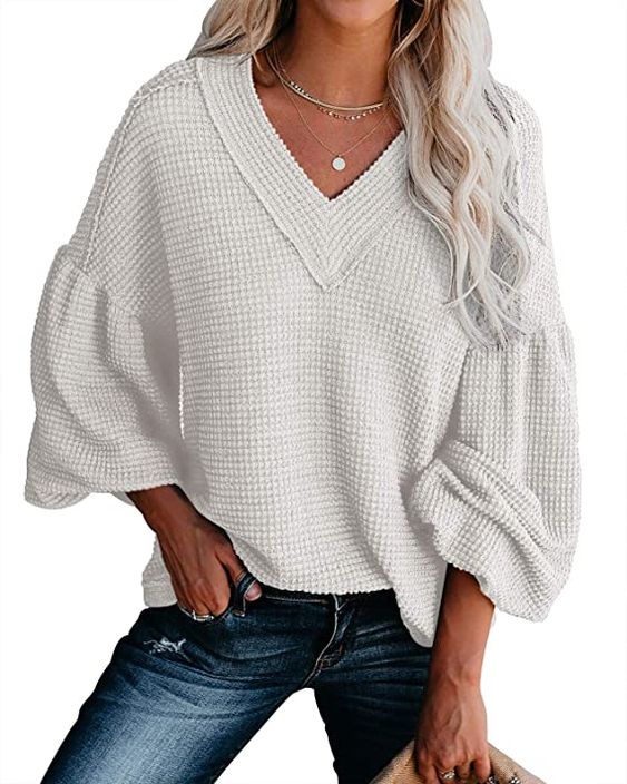 Womens V Neck Waffle Knit Shirts Oversized Sweaters Thermal Casual Blouses Tops Balloon Sleeve Loose Fit