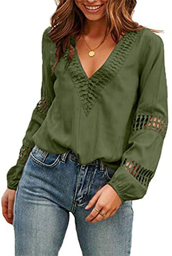 Viracy Womens V Neck Lantern Long Sleeve Blouse Hollow Out Casual Shirts Tops