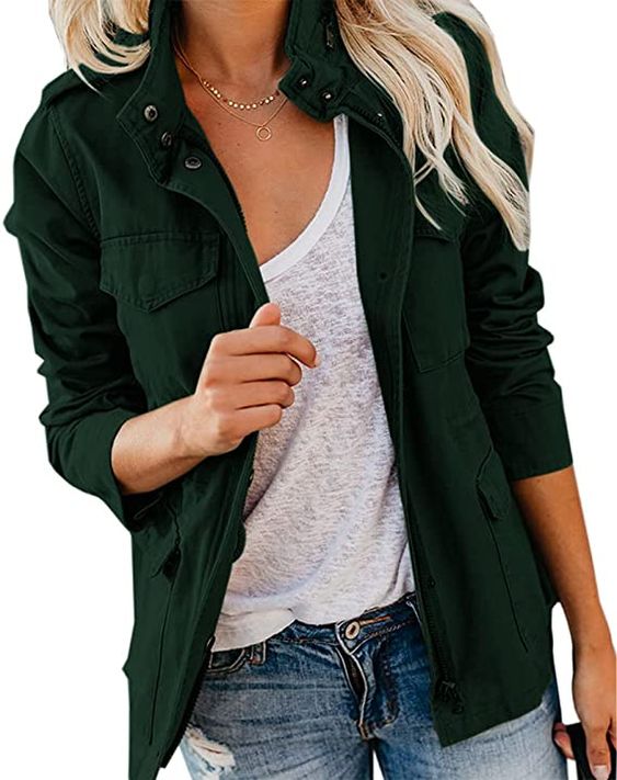 Womens Military Anorak Jacket Zip Up Snap Button Parka Safari Utility Coat Outwear with Pockets