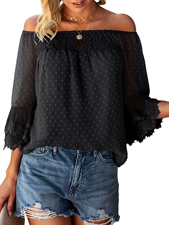 Women’s Summer Off Shoulder Tops Ruffle 3/4 Bell Sleeve Swiss Dot Casual Shirts Blouse