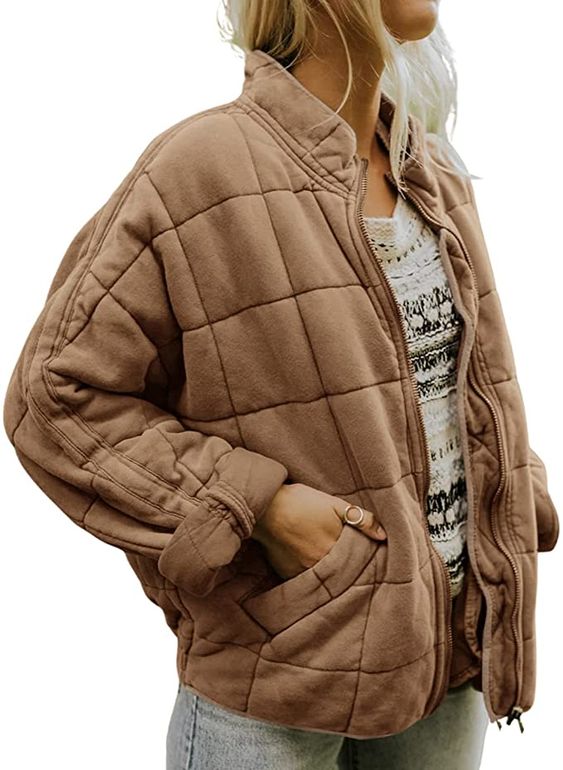 Women's Quilted Lightweight Jackets Loose Long Sleeve Zip Up Cotton Casual Winter Outerwear with Pockets Coat