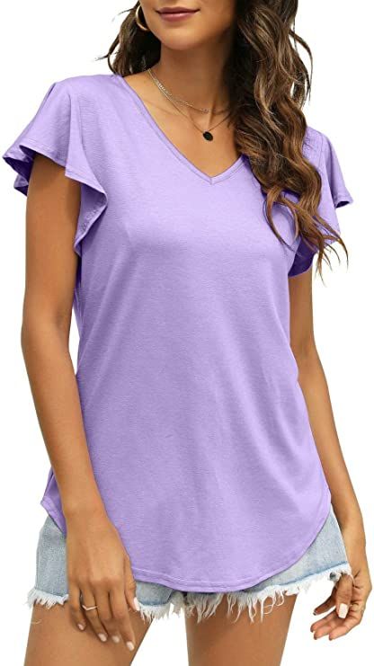 NANYUAYA Womens Tops Summer V Neck Ruffle Short Sleeve Tunic Top Casual Flowy Blouse Shirts