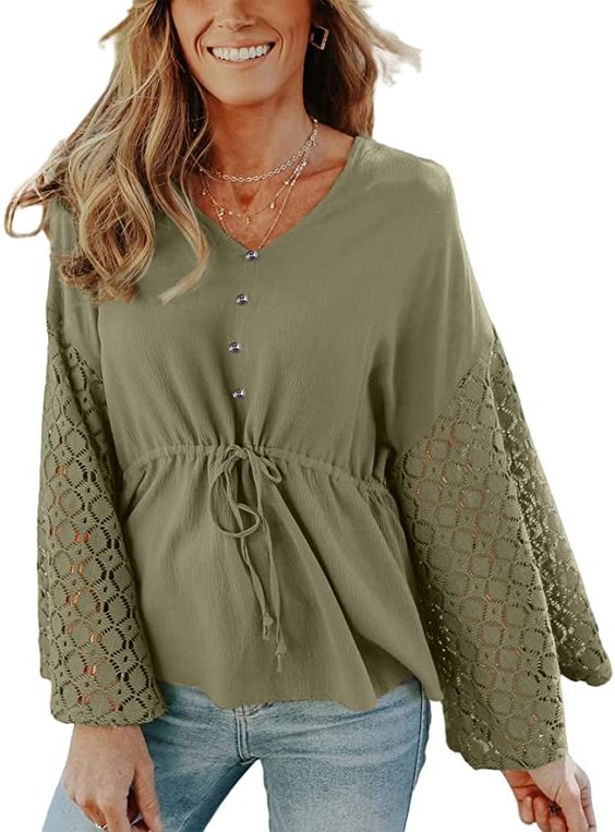 SUPRELOOK Womens V Neck Long Sleeve Shirts Lace Crochet Button Down Peplum Tops Casual Loose Blouses T Shirts