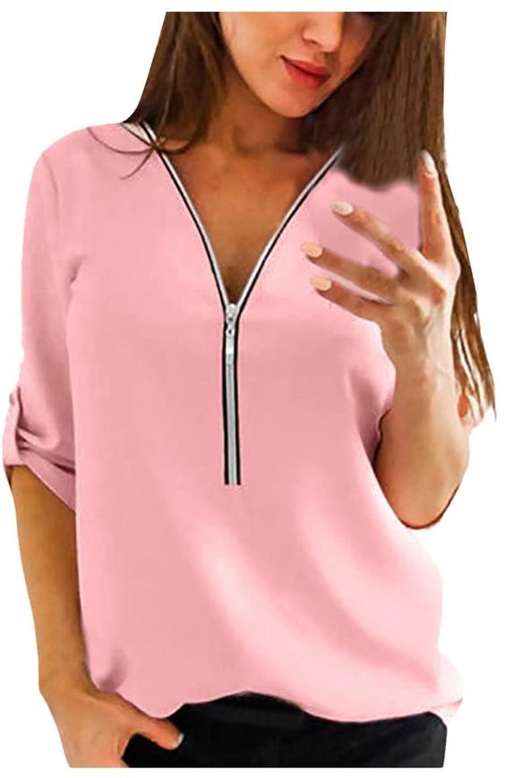 WOCACHI Women Blouse 2022 Summer Flowy Fashion Zipper V-Neck Casual Tops T-Shirt Loose Tunic Tee Short Sleeve Shirt