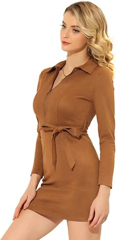 Allegra K Women's Faux Suede Lapel Collar Zip Up Tie Waist Long Sleeve Mini Bodycon Sheath Dress