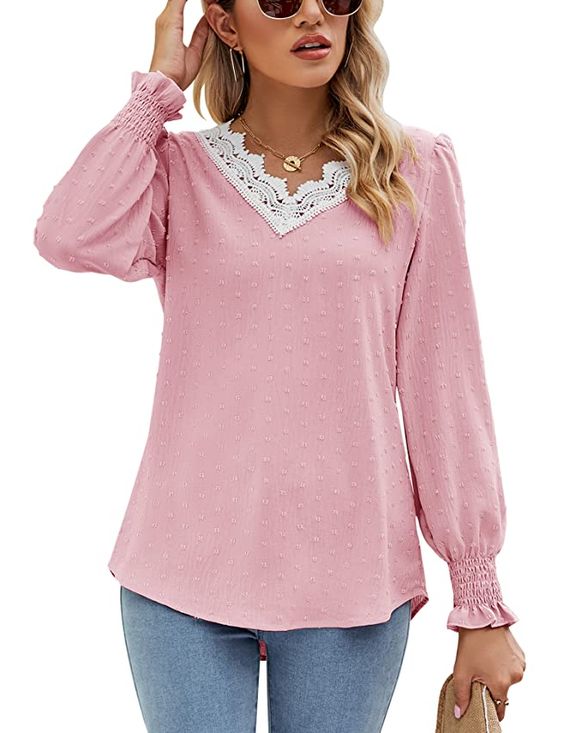 LOMON Womens V Neck Lace Trim Tops Puff Long Sleeve T Shirts Business Casual Tops Fashion Swiss Dot Blouse with Smocked Cuff