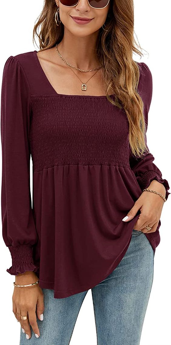 LOMON Blouses for Women Puff Long Sleeve Shirts Square Neck Cute Casual Smocked Tunic Tops Spring Fall Winter Clothes S-XL