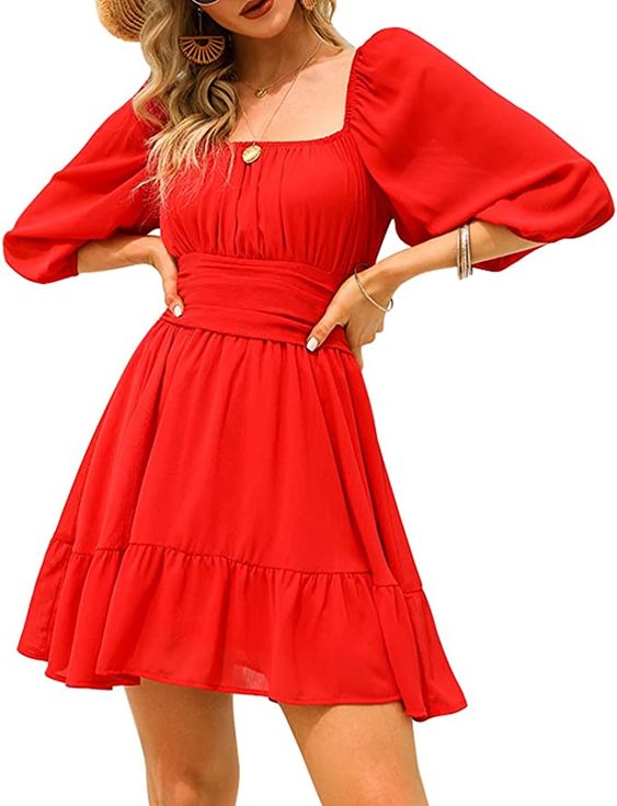 EXLURA Women's Lantern Sleeve Tie Back Summer Dress Ruffled Off Shoulder A-Line Vintage Mini Dress