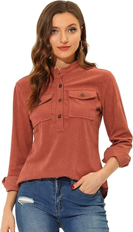 Allegra K Women's Long Sleeve Button Front Pockets Casual Corduroy Blouse