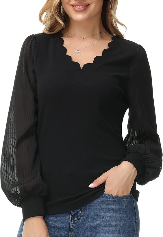 JASAMBAC Women's Formal Tops Elegant Scalloped V Neck Mesh Sheer Sleeve Blouses