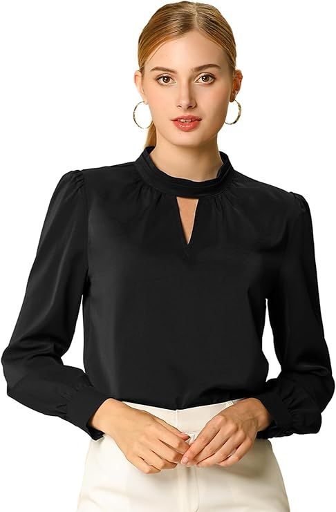 Allegra K Women's Work Tops Dressy Casual Shirts Mock Neck Keyhole Business Casual Long Sleeve Blouse