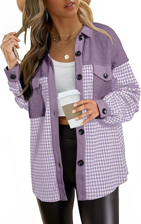 SHEWIN Shackets for Women 2025 Casual Long Sleeve Tops Button Down Plaid Fall Jackets