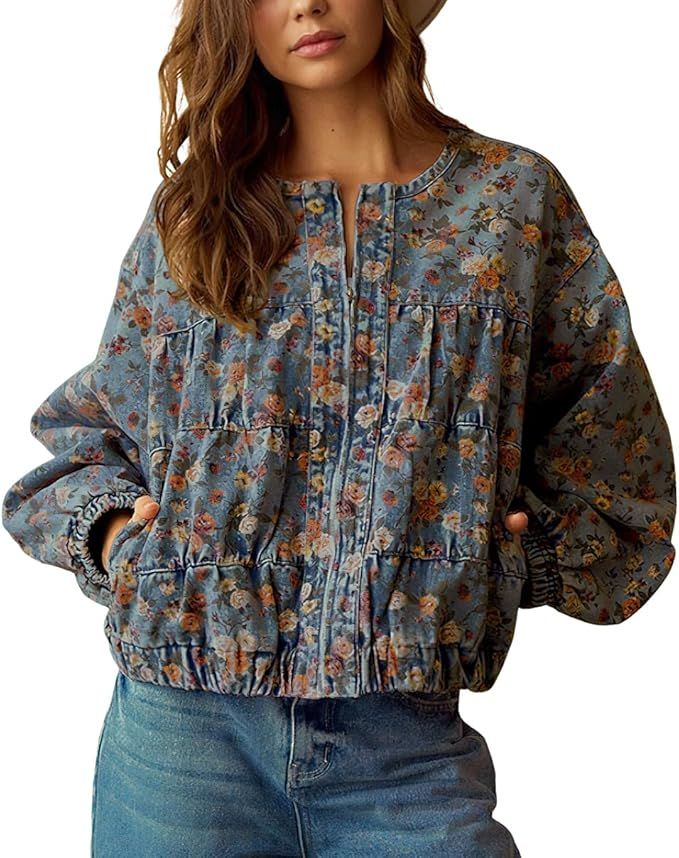 chouyatou Women's 2025 Fall Boyfriend Floral Denim Jacket Spring Y2K Casual Oversized Jean Bomber Jacket