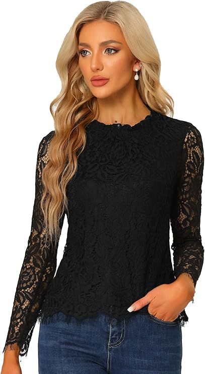 Allegra K Women Lace Tops Casual Dressy Long Sleeve Ruffle Hem Fitted Elegant Floral Blouses Lace Shirts