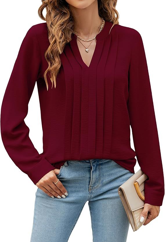 Blooming Jelly Women's Dressy Casual Blouses Business Work Tops Long Sleeve V Neck Pleated Shirts 2025 Fall Outfits