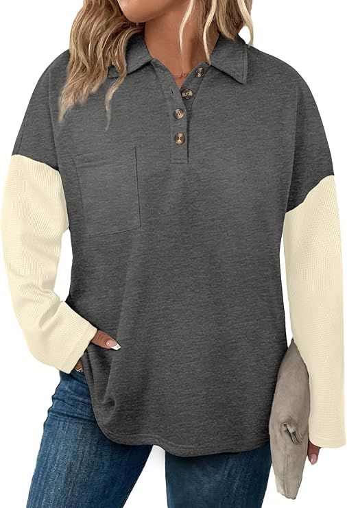 Eytino Plus Size Sweatshirts for Women Button V Neck Long Sleeve Waffle Patchwork Oversized Pullover Shirts Tops(1X-5X)