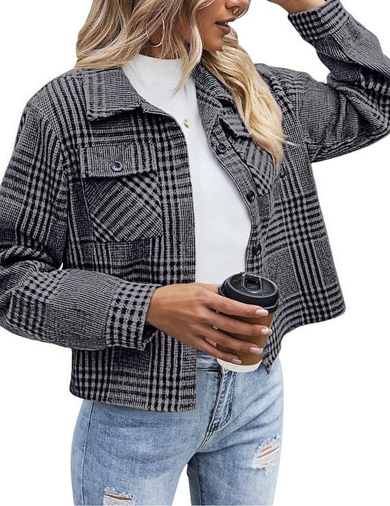 Zeagoo Flannels for Women Cropped Shacket Jacket Fashion Plaid Button Down Shirt 2025 Fall Coat Tops