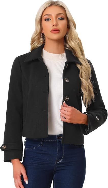 Allegra K Women's Turn Down Collar Long Sleeve Single Breasted Outwear Winter Pea Coat