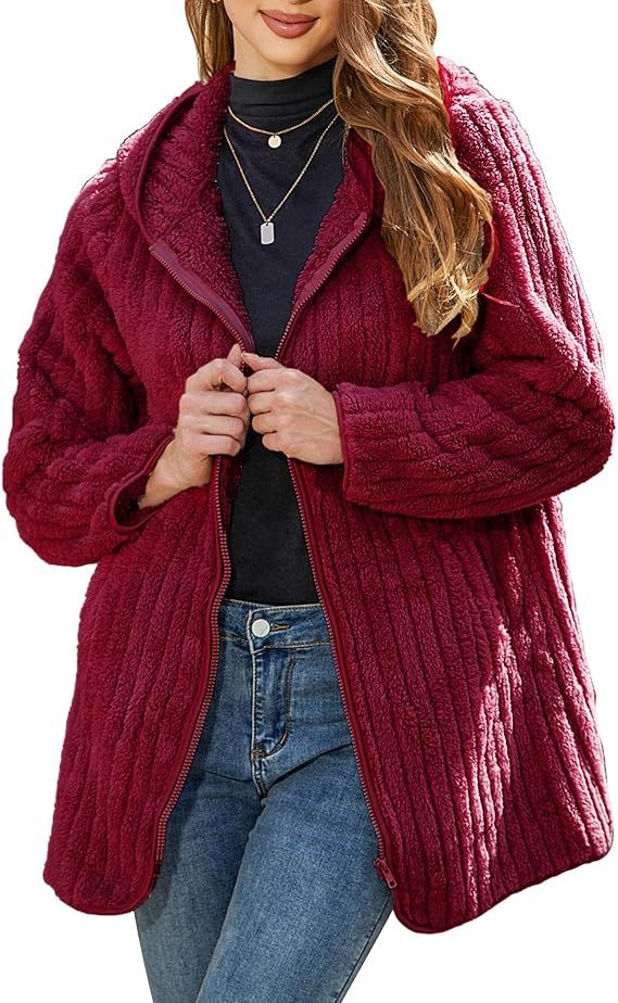 Womens Fleece Jacket Hooded Winter Warm Full Zip Long Sleeve Sherpa Jacket Coat Outerwear with Hood (S-5XL)
