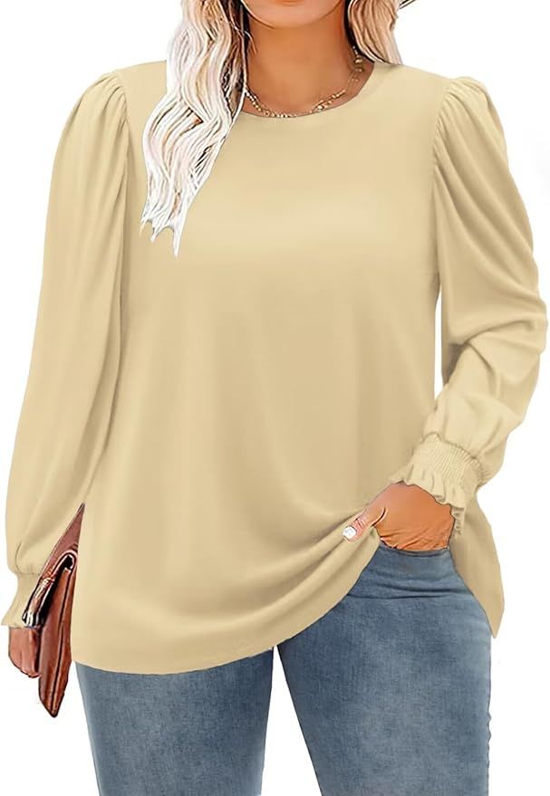DOLNINE Womens-Plus-Size-Tops Dressy Puff Sleeve Casual Smocked Cuffs Tunic Shirts XL-5XL