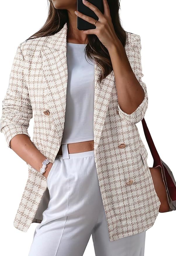 Happy Sailed Womens Plaid Tweed Blazers Dressy Casual Long Sleeve Double Breasted Open Front Blazer Jackets Work Suits