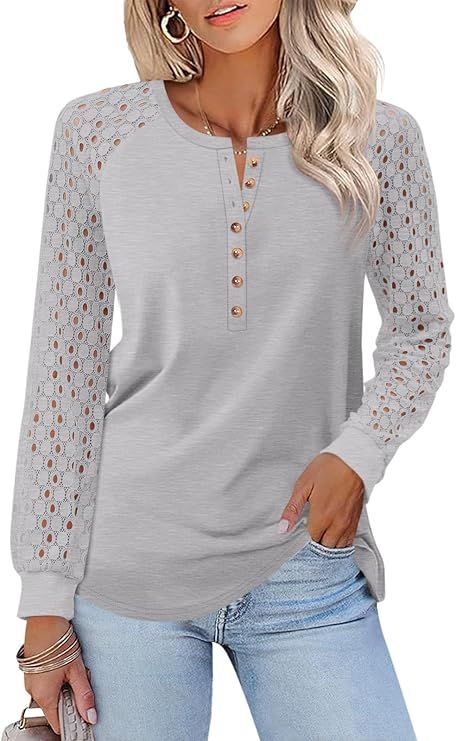 Minetom Women's Lace Long Sleeve Tops Henley Shirts Casual Blouses T Shirts Fall Clothes