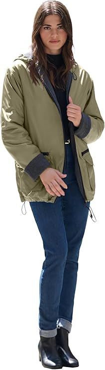 Roaman's Women's Plus Size Hooded All-Weather Jacket Fleece Lining Rain Coat